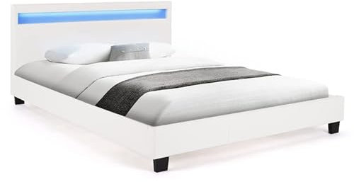 IDMarket - Lit Double Neo avec tête de lit LED intégrées et sommier 140 x 190 cm PVC Blanc