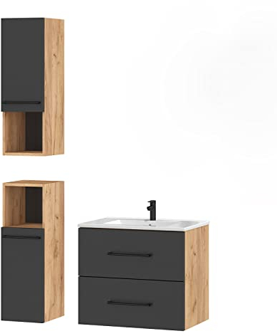Planetmöbel Muebles de baño Set Completo Muebles de baño, Set Completo 3 Piezas 70cm con Lavabo ceramico y 2X Armario Midi, en los Colores Roble Dorado/Antracita