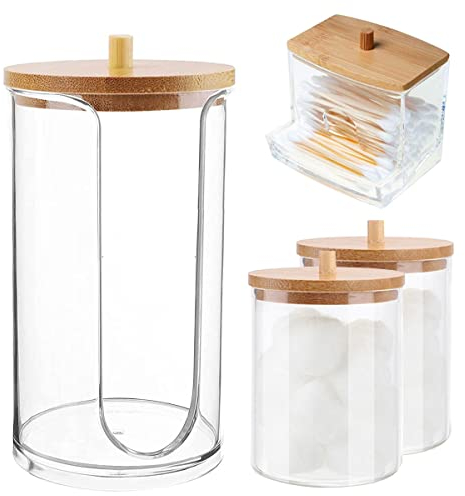 Beenle-Icey 4Pcs Acrylic Qtip Dispenser Clear Cotton Swab Holder with Bamboo Cover Qtip Holder Dust-Proof Vanity Makeup Organizer Floss Swab Apothecary Jar Container for Bathroom
