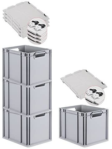 PROREGAL SuperSparSet 4x Eurobox NextGen Grip mit Scharnierdeckel und schwarzen Schiebeschnappverschlüssen, HxBxT 32x30x40cm, 30 L, Grau, Griffe offen, Eurobehälter, Transportbox