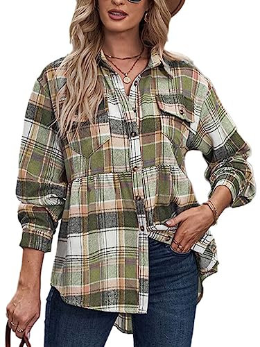 Onsoyours Femmes Chemisier Rayures Carreaux Surchemise en Laine Chemisier Carreaux Femme Chemise Bucheron Ecossaise Blouse Gilet T Shirt Casual Vintage B Vert M