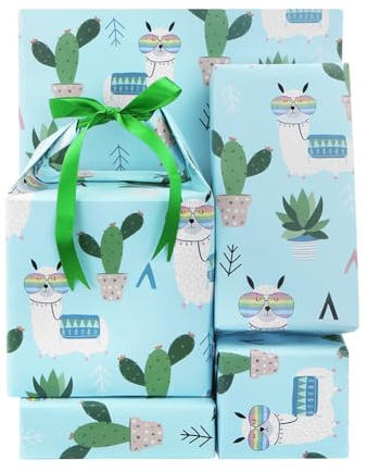 Kaktus und Alpaka Geschenkpapier, niedliches Lama in Gläsern, grünes Kaktus-Muster, Geschenkpapier mit Schleife, Set für Kinder, Frauen, Männer, Geburtstag, Babyparty, Weihnachten und Urlaubsparty,