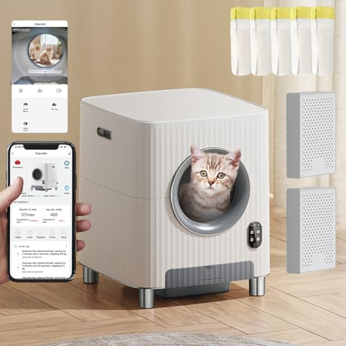 Grand bac à litière autonettoyant pour Chat 68L+10L avec 5 Sacs poubelles, 2 bacs désodorisants,Prise en Charge Bluetooth, WiFi 5G, Application, Panneau de Commande et Suppression des odeurs