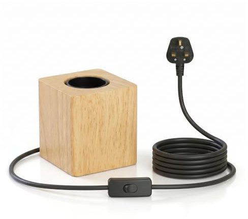 DC VOLTAGE Vintage Wooden Table Lamp Base, Industrial E27 Desk Lamp Holder with UK Plug with ON/Off Switch