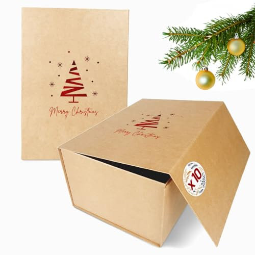 Verpackungswelt Geschenk-Box Weihnachten (10 Stk.) | 31x22x15 cm | Geschenk-Karton mit Deckel & Magnet-Verschluss | Für Weihnachts-Geschenke | Weihnachts-Verpackung mit Weihnachtsbaum-Motiv in Rot