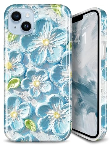 JIAXIUFEN Schutzhülle für iPhone 14, iPhone 13, Glitzer, Retro-Ölgemälde, Blumen-Design, dünn, stoßfest, TPU, weiches Silikon, Minzblau, JXF-IP14-61-DLS-OIL Mint