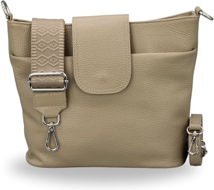 BRISE Umhängetasche Damen Echtes Leder ELLIE Handgemachte Crossbody Bag mit Ledergurt + Optionalen Breiten Gemusterten Riemen 7 Fächer Wasserdichte Schultertasche Made in Italy (Taupe - 5)