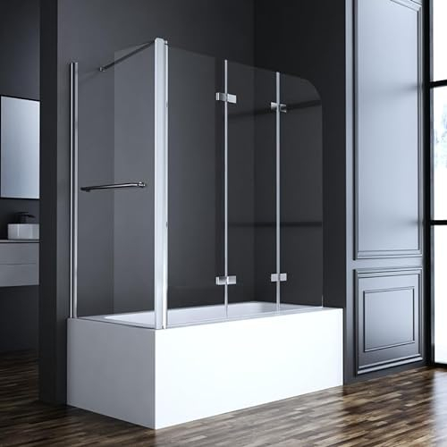 Duschwand für Badewanne mit Seitenwand 75x120x140cm 3-teilig faltbar, Glas Badewannenaufsatz Duschabtrennung Duschtrennwand mit 6mm ESG Nano Sicherheitsglas, Seitenwand mit Handtuchhalter