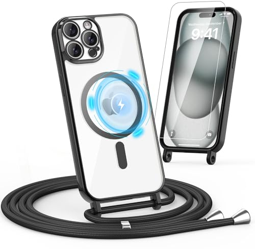 Noyabox HandyKette für iPhone 13 Pro Hülle mit Band, 1* Schutzfolie Magnetische Handyhülle für iPhone 13 Pro Necklace Schnur Schutzhülle mit Kordel zum Umhängen Case, Schwarz