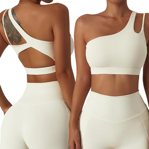 FEOYA Asymmetrischer Sport BH Damen Ärmellos Yoga BH mit Einer Schulter Gepolstert Push Up Bra One Shoulder Fitness Gym Bra Beige M