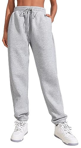 PINSPARK Jogginghose Damen Sporthose Lang Baumwolle Sweatpants Slim Fit Freizeithose Lang Trainingsanzug Hosen Sweathose mit Taschen Hellgrau L