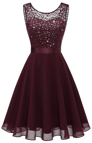 Berylove Damen Kleid Glitzer Abendkleid Knielang Cocktailkleid Damen Kurz Kleid Damen Festlich Flieder BLP7005XP Burgundy M