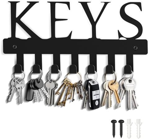 GeeRic Key Holder With 7 Hooks for Wall - Adhesive Hangers for Living Room, Kitchen, Office Décor - White