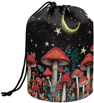 chaqlin Mushroom Moon Travel Cosmetic Bags Barrel Makeup Bag,Women Girls Portable Foldable Cases Multifunctional Toiletry Bucket Bags Round Organizer Storage Pocket