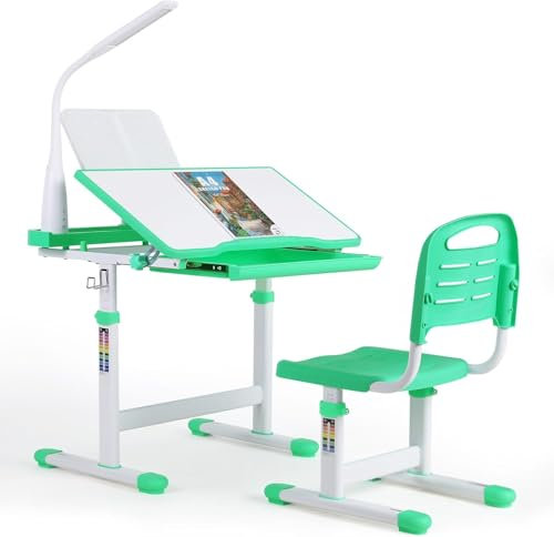 Kinderschreibtisch und Stuhl Set,Höhenverstellbarer Kinder Schreibtisch Stuhl,Schülerschreibtisch,Schreibtisch und Stuhl Set,Jugendschreibtisch Multifunktionaler mit Stuhl,Lampe und LesestäNder (Grün)