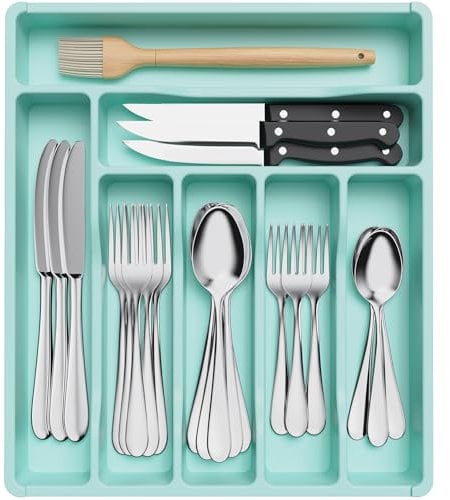 Lifewit Cutlery Drawer Organiser, Plastic Cutlery Tray for Kitchen Drawer, Utensil Flatware Silverware Holder Divider for Spoons Forks Knives Tableware, 7 Compartment, Turquoise