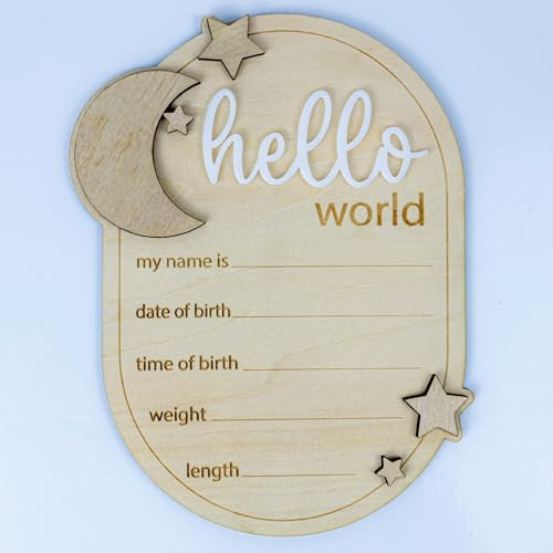 Baby Ankündigungsschild Stern, 16,5 cm Holz Hello World Newborn Willkommensschild Geburt Baby Name Plaketten für Foto Requisiten Baby Shower Krankenhaus Kinderzimmer (A62)
