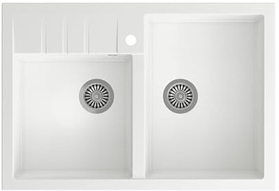 QUADRON BILL 120 GRANITEQ fregadero de granito Blanco + acero, fregadero de cocina, tamaño: 90x62x20,5 cm, fregadero de 2 cubetas, apto para muebles bajos a partir de 90 cm de ancho