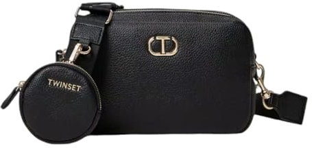 TWINSET ACTITUDE Tasche Modell Camera Bag in Lederoptik mit weichem Hirschdruck, verstellbarer und abnehmbarer Schulterriemen mit Schriftzug in der Farbe Heißprägung. Portam, Schwarz , Einheitsgröße