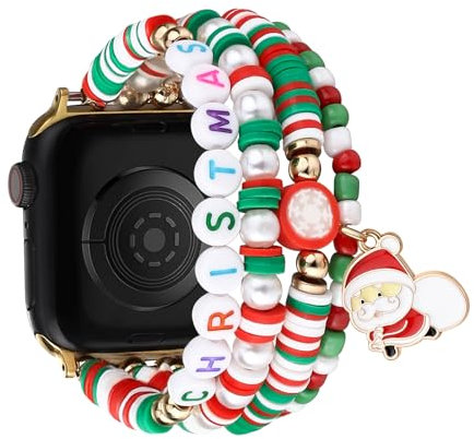 Wingoden Christmas Band Compatible with Apple Watch Bands for Women Men 38mm 40mm 41mm 42mm, Beaded Bracelet Holiday Boho Apple Watch Strap Replacement for iWatch Band Series 10 9 8 7 6 5 4 3 2 1 SE