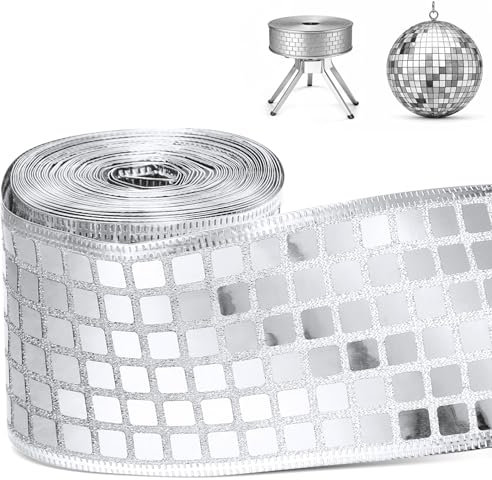 Disco Silver Ribbon 2.5 Inch X 10 Yards Christmas Glitter Wired Ribbon Silver Bows for Gift Wrapping Sparkly Metallic Sequin Ribbon for Gift Wrapping DIY Crafts Christmas Tree Wreath Decor