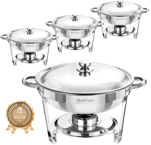 NEWKITCHEN Chafing Dishes für Buffet, 4 Stück, 5 QT runde Chafing Dishes für Buffet [Elegante Silberfarben] Edelstahl Chafing Dish Buffet-Set für Jede Party