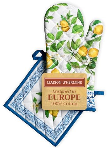 Maison d' Hermine 100% Cotton Oven Mitt & Pot Holder Set (19 x 33 cm & 20 x 20cm) Heat Resistant BBQ Cooking Gloves with Loop, Baking, Grilling, Handling Hot Pans Spring/Summer (Cedrat)