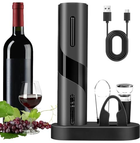 Breezesound 6-in-1 Electric Wine Bottle Opener Set, Cordless Rechargeable Wine Opener with Charging Base, Foil Cutter, Aerator Pourer & Stopper - Perfect Wine Gift Set for Wine Lovers