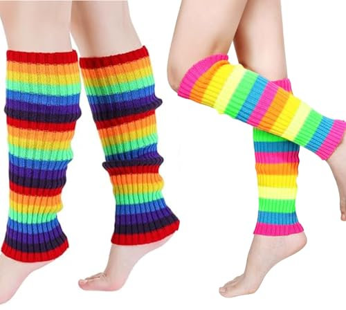 COWANIEE 2 Pairs Rainbow Leg Warmers, 80s Neon Knit Leg Warmers