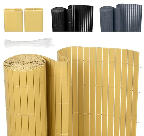 Ribelli® PVC Sichtschutzmatte mit Steg, Sichtschutzzaun ohne Bohren, Sichtschutz Zaun mit Kabelbindern, Windschutz Wetterfest für Garten, Balkon und Terrasse (80 x 400 cm, Bambus)
