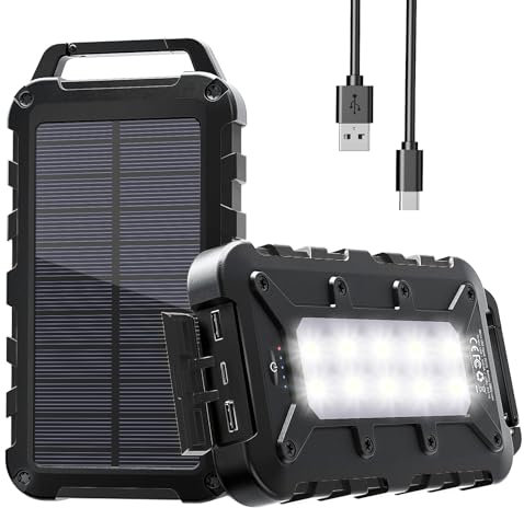 Powerbank Solare 26800mAh, PD15W Caricabatterie Solare Portatile USB C 3,0A Batteria Esterna 2 Uscite e 2 Ingresso Caricatore Solare con Luci LED Rapida per Smartphone, Tablet, Campeggio Ecc (Nero)
