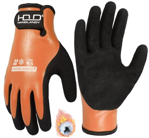 HANDLANDY Isolierte, wasserdichte Winter-Arbeitshandschuhe mit Griff für Männer und Frauen, zum Angeln, für den Gefrierschrank, für Gartenarbeiten und für Arbeiten im Freien (Orange, Größe L)