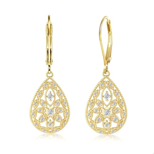 ALEXCRAFT Gold Earrings for Women Hypoallergenic 14k Gold Plated Cubic Zirconia Statement Dangle Earrings Elegant Teardrop Drop Leverback Earring For Women Gifts