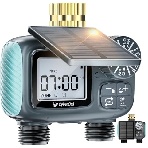 Timer per Irrigazione Solare CyberOrd a 2 Zone, Centralina Irrigazione con Ricarica Solare, Programmatore di Irrigazione con Modalità Auto/Manuale/Ritardo Pioggia per Prato/Patio/Giardino