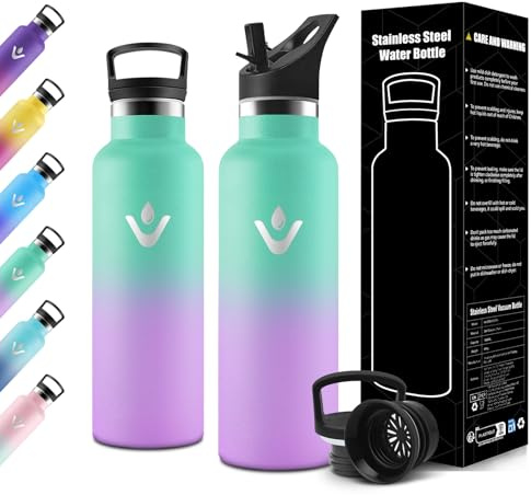 Motswedi Botella Termica 500ml, Doble Aislamiento, Botella Termica Niños, Mantener 12H Caliente/24 Frío, Cantimplora Infantil, a Prueba de Fugas, Termo agua, para Oficina, Hogar, Verde & Violeta
