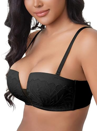 ANYIRIS Push Up Balconette Bras for Women Non Wired Add 1 Cup [ABC Cup] Padded Bra Lace Plunge Multiway Bra for Square Neck Black 34C