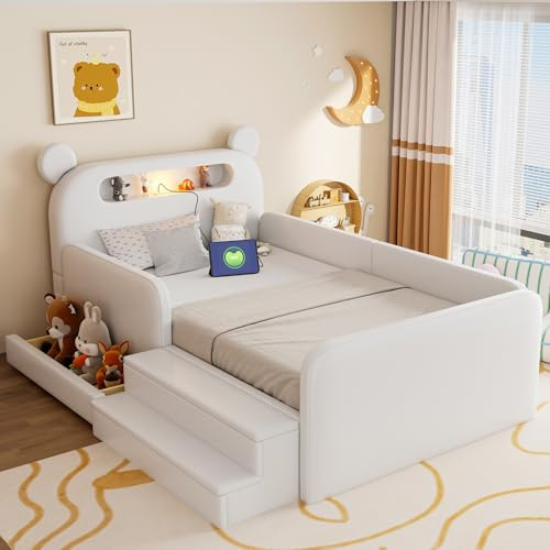 WIZBED Kinderbett Polsterbett 90x200 mit LED&USB&klein Treppe&Schublade, Einzelbett mit Bären-Kopfteil & Lattenrost, Plattformbett, Mädchenbett, Jugendbett, ohne Matratze, Weiß