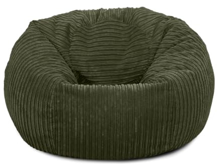 Bags of Beans Adult Corduroy Bean Bag Pre-Filled - Lounger Chair - Khaki | Adult and Teens Beanbag with Filling - Comfortable Recliner Chair - Recliner Gaming and Bedroom Furniture - 92 x 57cm (Khaki)