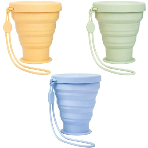 YcsRnn Collapsible Cup, Foldable Cup Set of Three, Space Saving Travel Mugs for Outdoor Activities, Camping and Hiking Hydration, Apricot Yellow, Light Green, Pale Blue