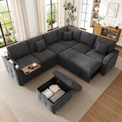 Sapgaks Ecksofa, ausklappbar, 7-Sitzer, Schlafsofa, ausziehbares Sofa, LED-Leselampe, USB/Typ-C-Anschluss, Aufbewahrung in der Armlehne, Klapptisch, Getränkehalter und 3 Kissen (grau)