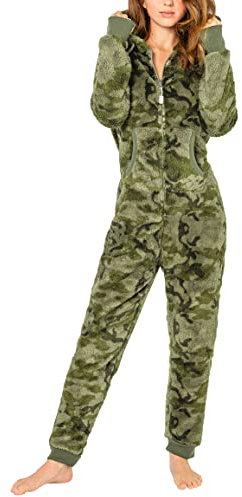 Eight 2 Nine Damen Teddyfleece Jumpsuit mit Kapuze und Öhrchen, Flauschiger Overall mit Daumenlöchern, kuschelig bequemer One-Piece für entspannte Stunden, schwarz, grau, rosa XS-XL Dark-Green L/XL