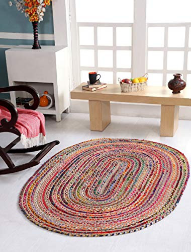 Second Nature Online Alfombra Trenzada Ovalada ecológica Mishran Estilo Tejido Plano con Yute Natural y Material Reciclado Multicolor 120 cm x 180 cm