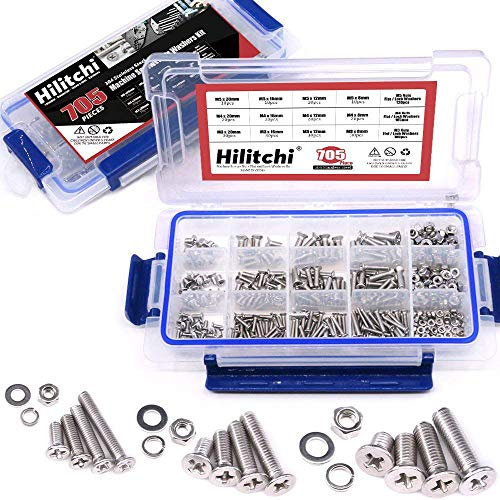Hilitchi 705-pcs M3 M4 M5 Phillips Vis à tête plate Boulons Écrous Plat et Lock Rondelles Assortiment kit, EN ACIER INOXYDABLE 304, 8 à 20 mm de longueur, filetage complet