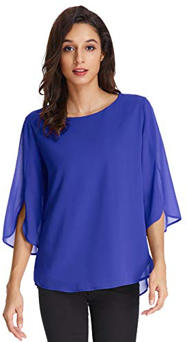 Camisas Mujer Tops Manga Corta Camisa Gasa 3/4 Manga Blusa Ancha Mujeres Gasa Elegante Azul 2XL Claf15-1
