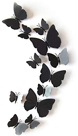 JUN-H 12 Stück 3D Schmetterlinge Set Wandtattoo Wasserdicht PVC Aufkleber DIY Wandkunst Wanddeko für Wohnung, Raumdekoration Klebepunkten+Magnet (Schwarz)