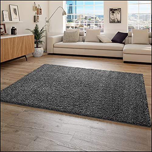 Paco Home Hochflor Teppich Wohnzimmer Shaggy Langflor Modern Einfarbig Ohne Muster, Grösse:160x220 cm, Farbe:Anthrazit