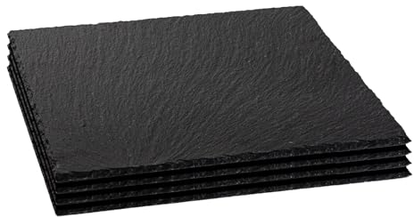 Argon Tableware Slate Serving Platter - Square - 33cm - Pack of 4 - Black Natural Slate Rustic Raw Cut Serving Platter Fruit Savoury Placemat Cheese Board with Soft Padded Feet