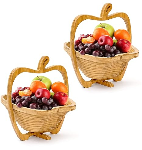 VR7 Collapsible Wooden Apple Fruit Bowl Foldable Apple Shaped Bamboo Fruit Basket for Kitchen Natural Wood Cutting Board Unique Design Folding Bowl House Decor Accessories