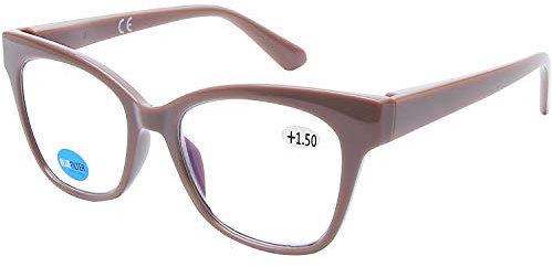 DOOViC Blue Light Blocking Computer Reading Glasses Beige Brown Frame Large Lens Square Readers for Women +1.0