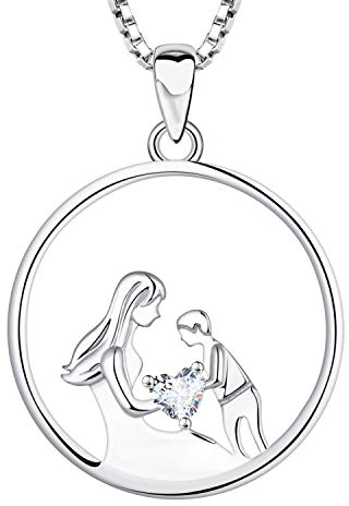 YL Mutter Sohn Halskette 925 Sterling Silber Hohl Anhänger Halskette Geschenke für Mama Damen, 45-48 CM